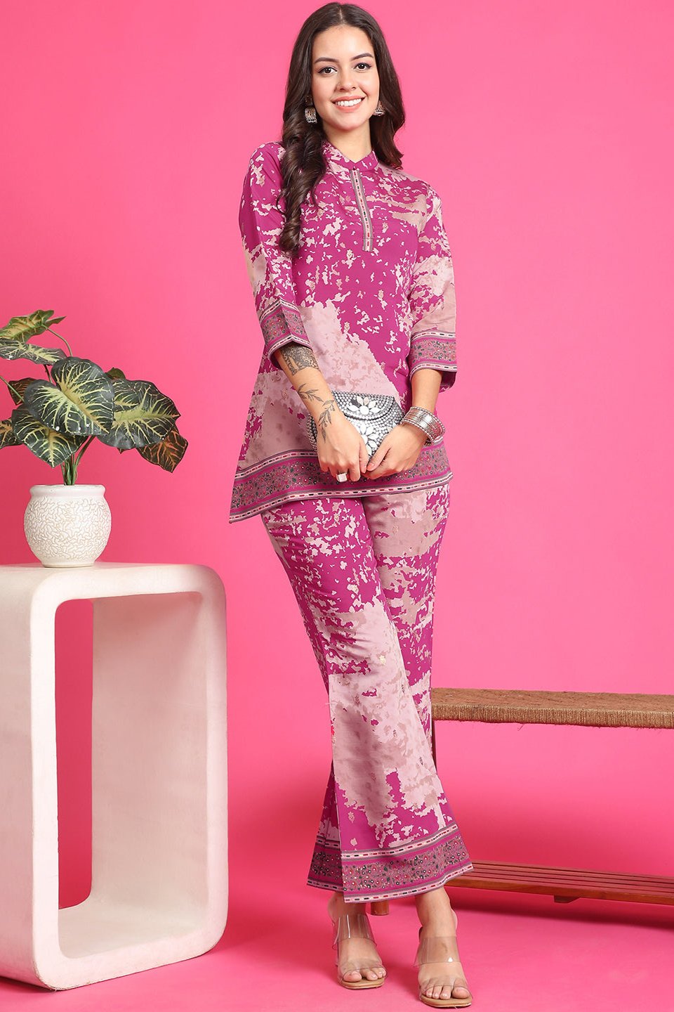 Pink Abstract Printed Chanderi Co-Ord Set for Women | Claura