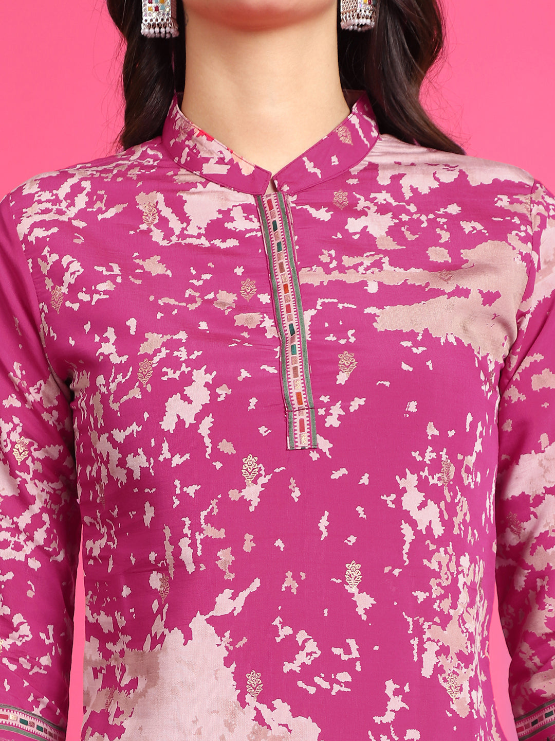Pink Abstract Printed Chanderi Co-Ord Set for Women | Claura