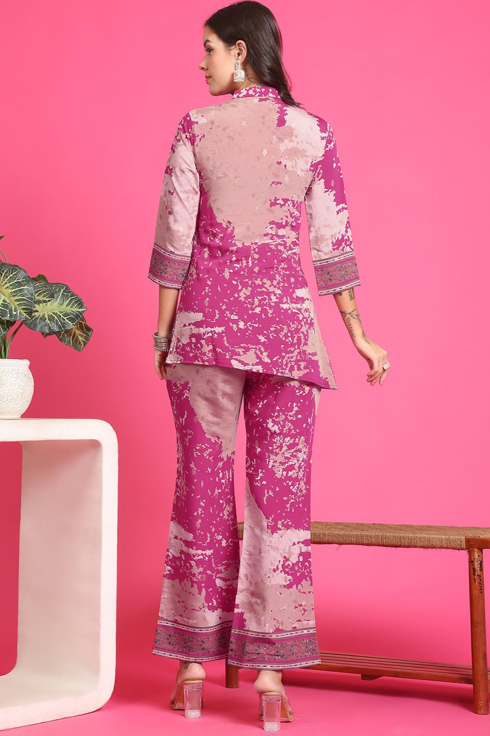 Pink Abstract Printed Chanderi Co-Ord Set for Women | Claura