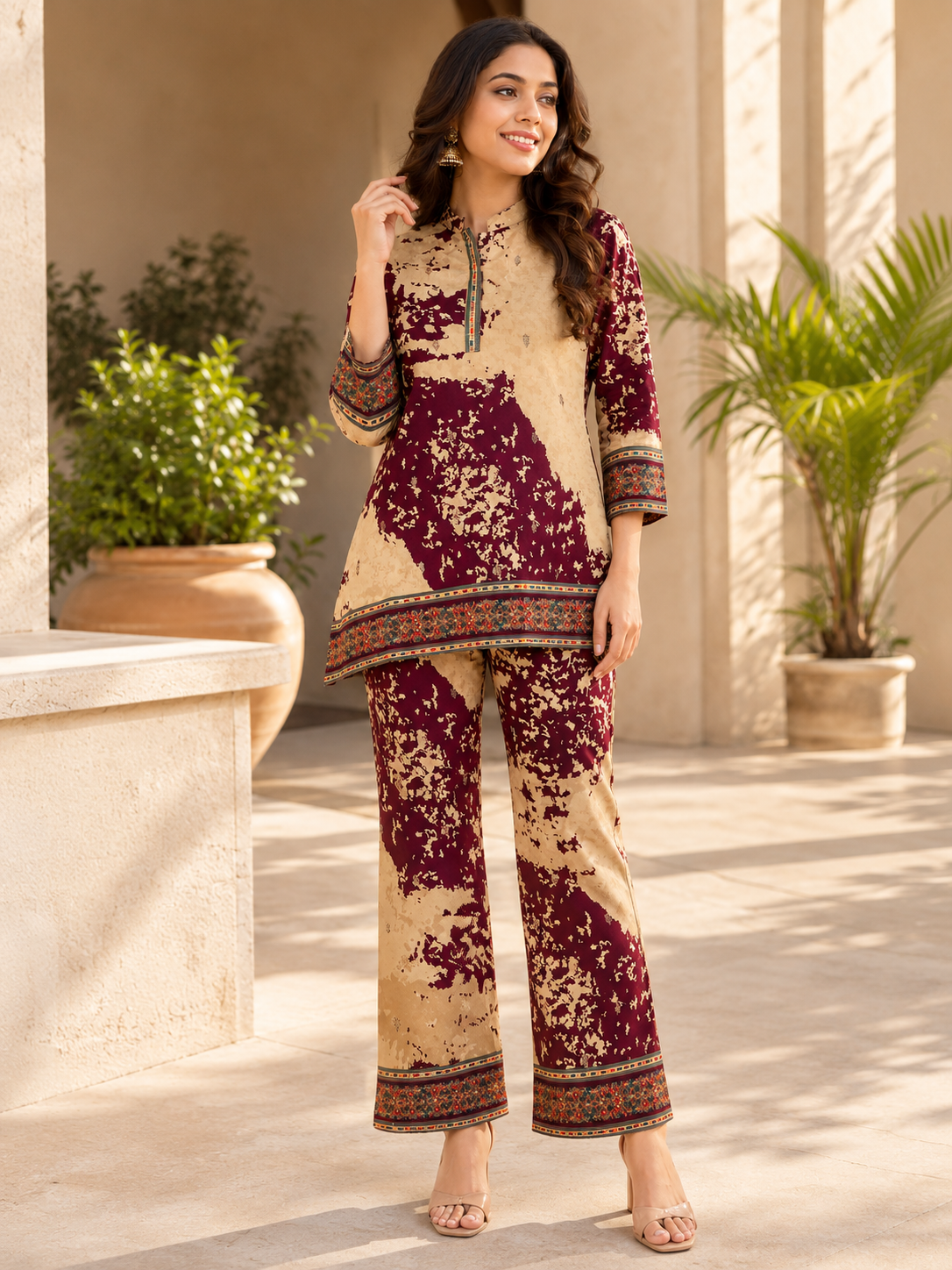 Purple Abstract Chanderi Silk Co-Ord Set Women 3/4th Sleeves