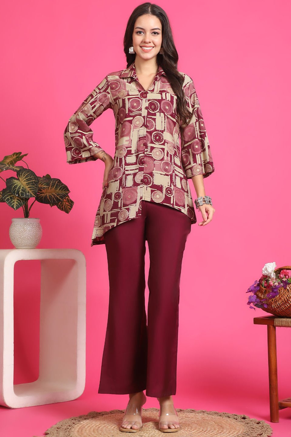 Purple Abstract Printed Chanderi Co-Ord Set for Women | Claura