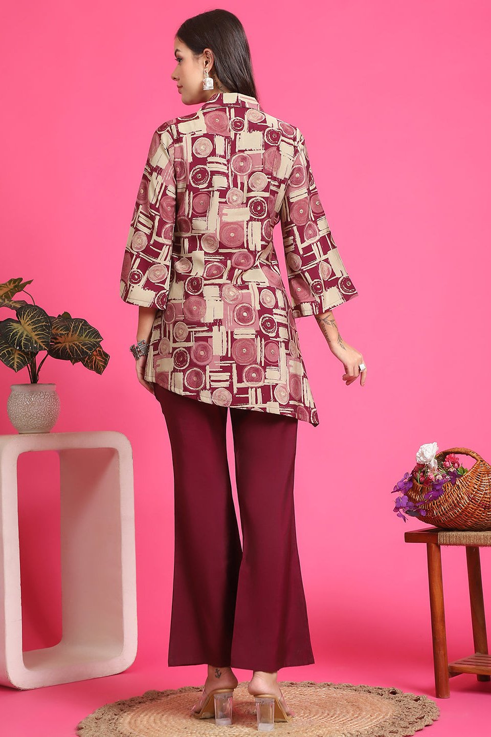 Purple Abstract Printed Chanderi Co-Ord Set for Women | Claura