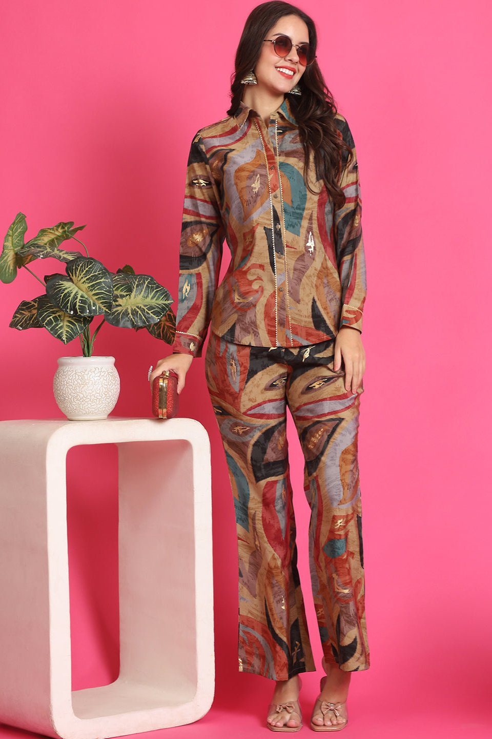 Woman wearing Brown Abstract Co-Ord Set