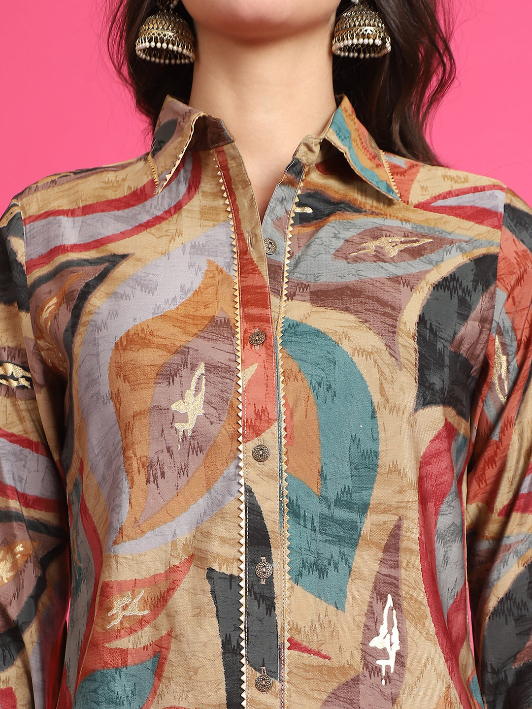 Brown Abstract Co-Ord Set with Mid-rise Trousers & Shirt Collar Tunic