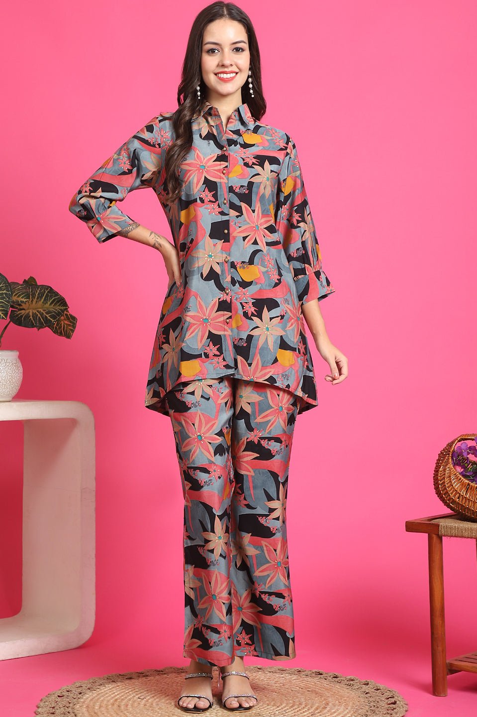 Black Floral Printed Tunic & Trousers Co-Ord Set for Women | Claura