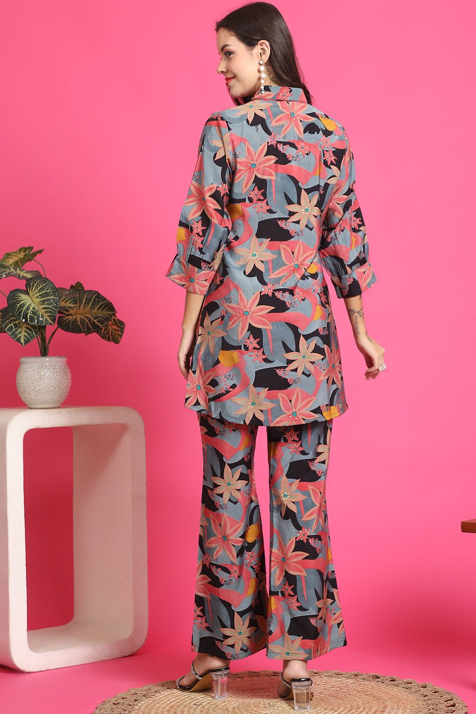 Black Floral Printed Tunic & Trousers Co-Ord Set for Women | Claura