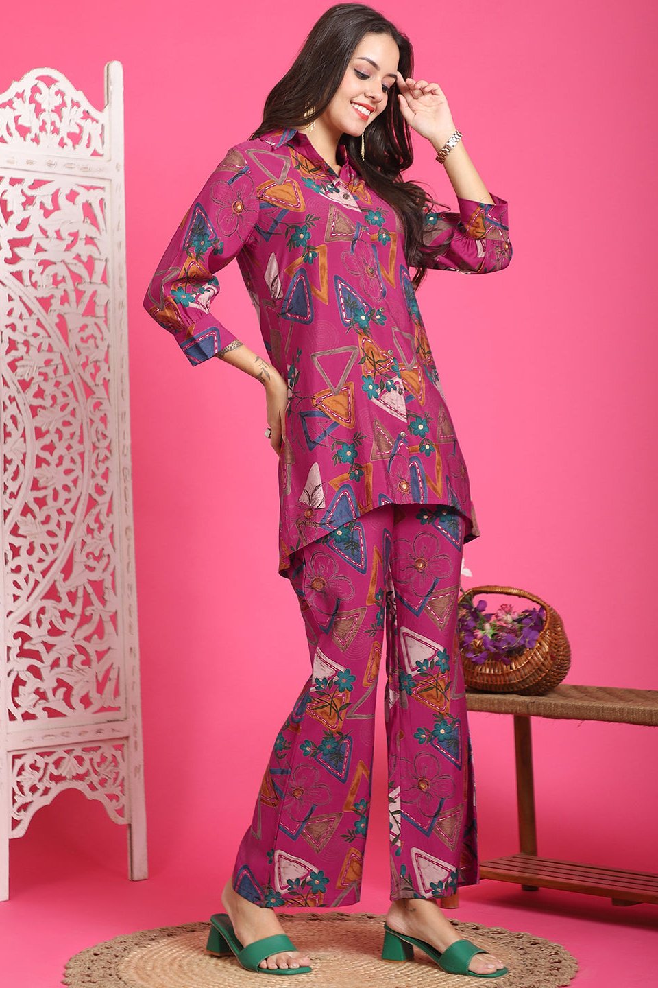 Magenta Abstract Printed Chanderi Premium Co-Ord Set for Women | Claura