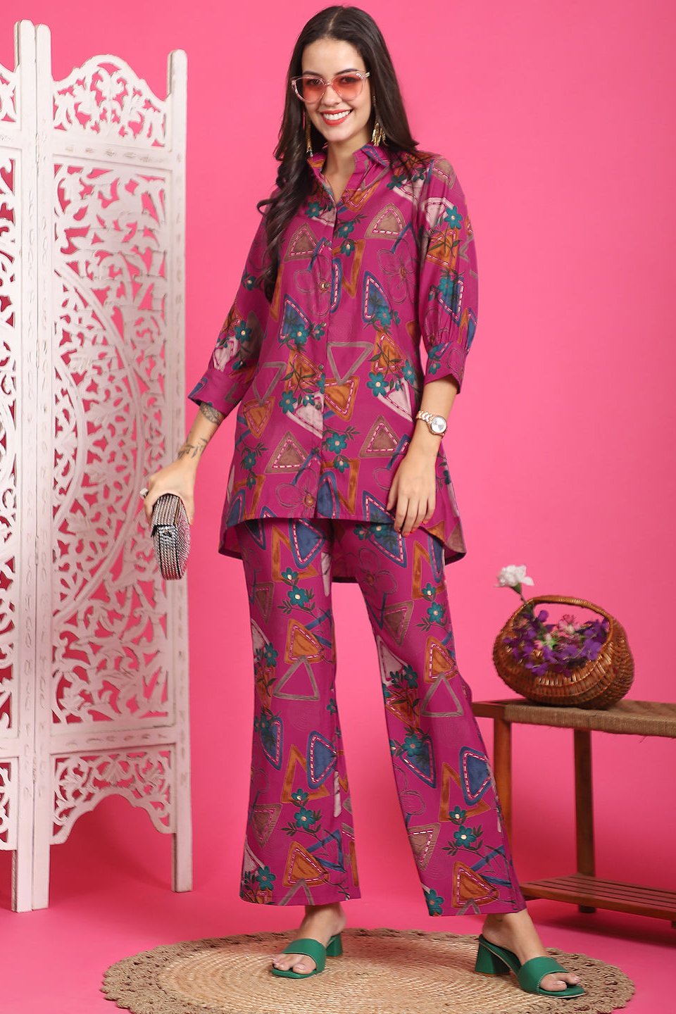 Magenta Abstract Printed Chanderi Premium Co-Ord Set for Women | Claura