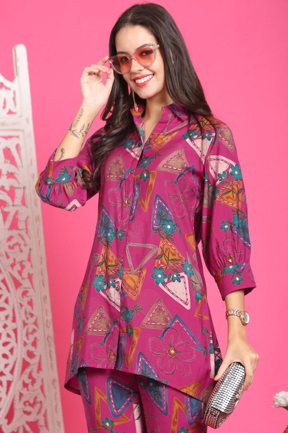 Magenta Abstract Printed Chanderi Premium Co-Ord Set for Women | Claura
