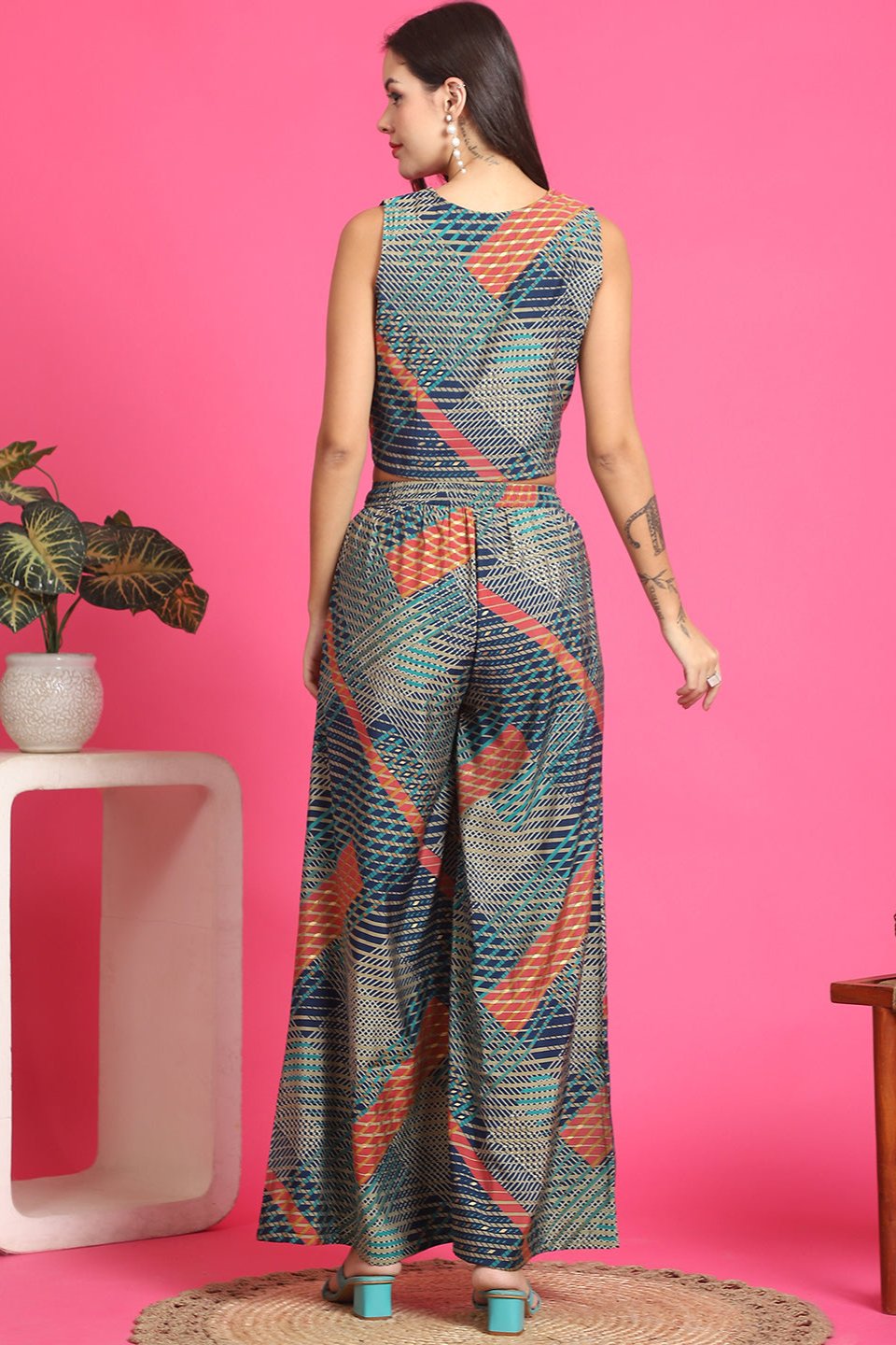 Navy Blue Abstract Printed Chanderi Co-Ord Set for Women | Claura