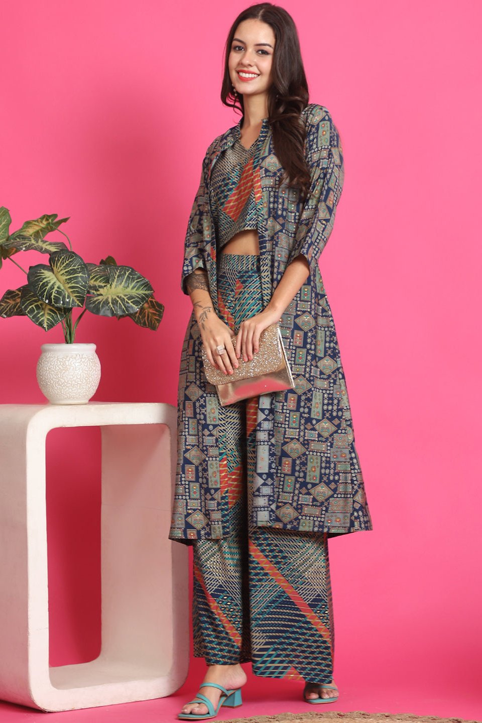 Navy Blue Abstract Printed Chanderi Co-Ord Set for Women | Claura