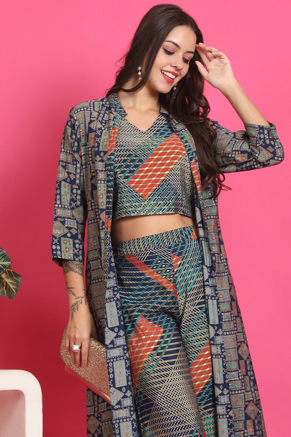 Navy Blue Abstract Printed Chanderi Co-Ord Set for Women | Claura