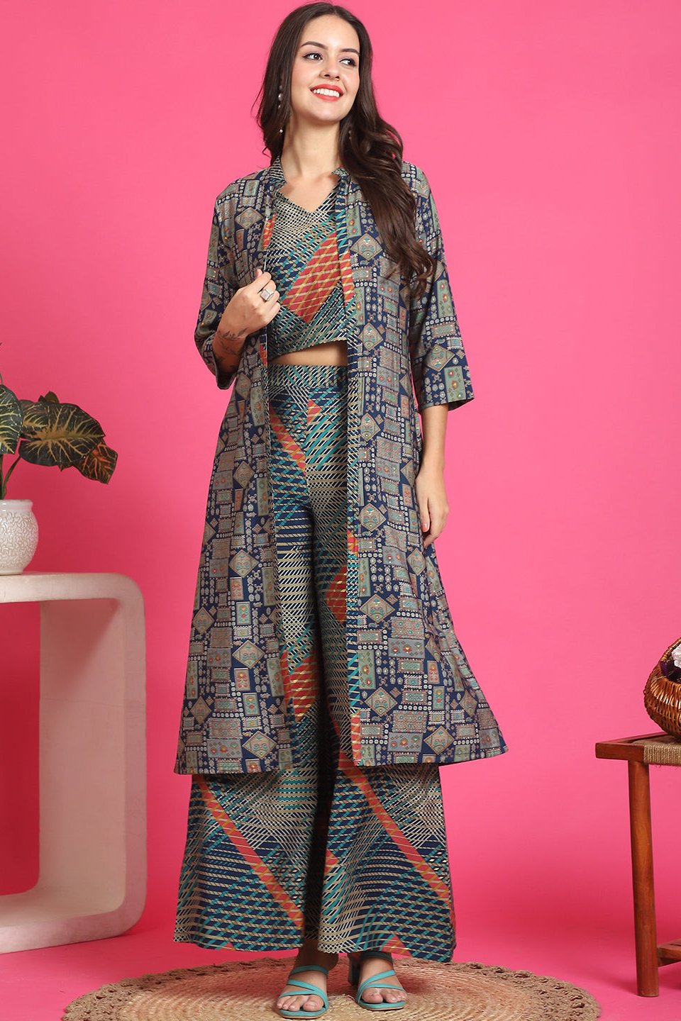 Navy Blue Abstract Printed Chanderi Co-Ord Set for Women | Claura