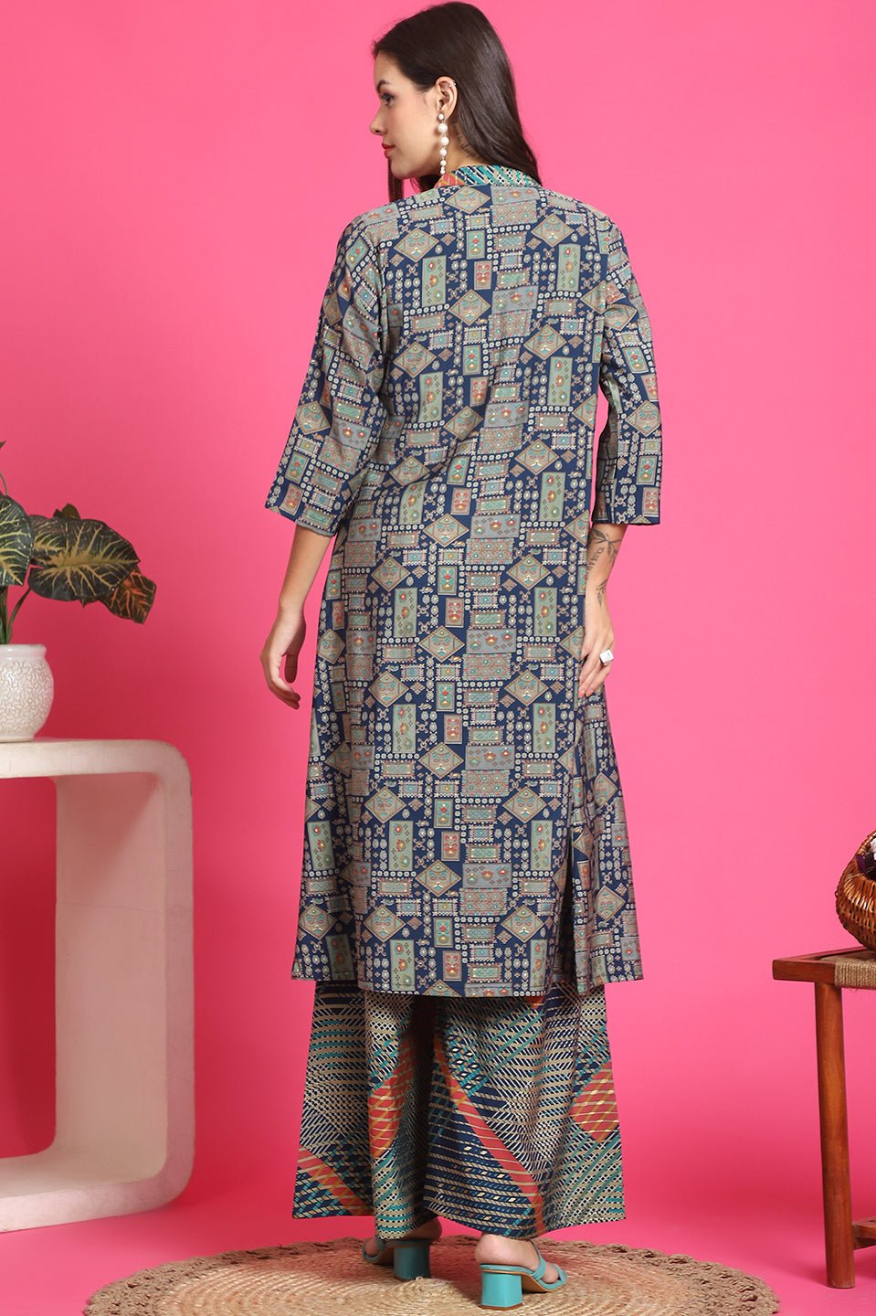 Navy Blue Abstract Printed Chanderi Co-Ord Set for Women | Claura