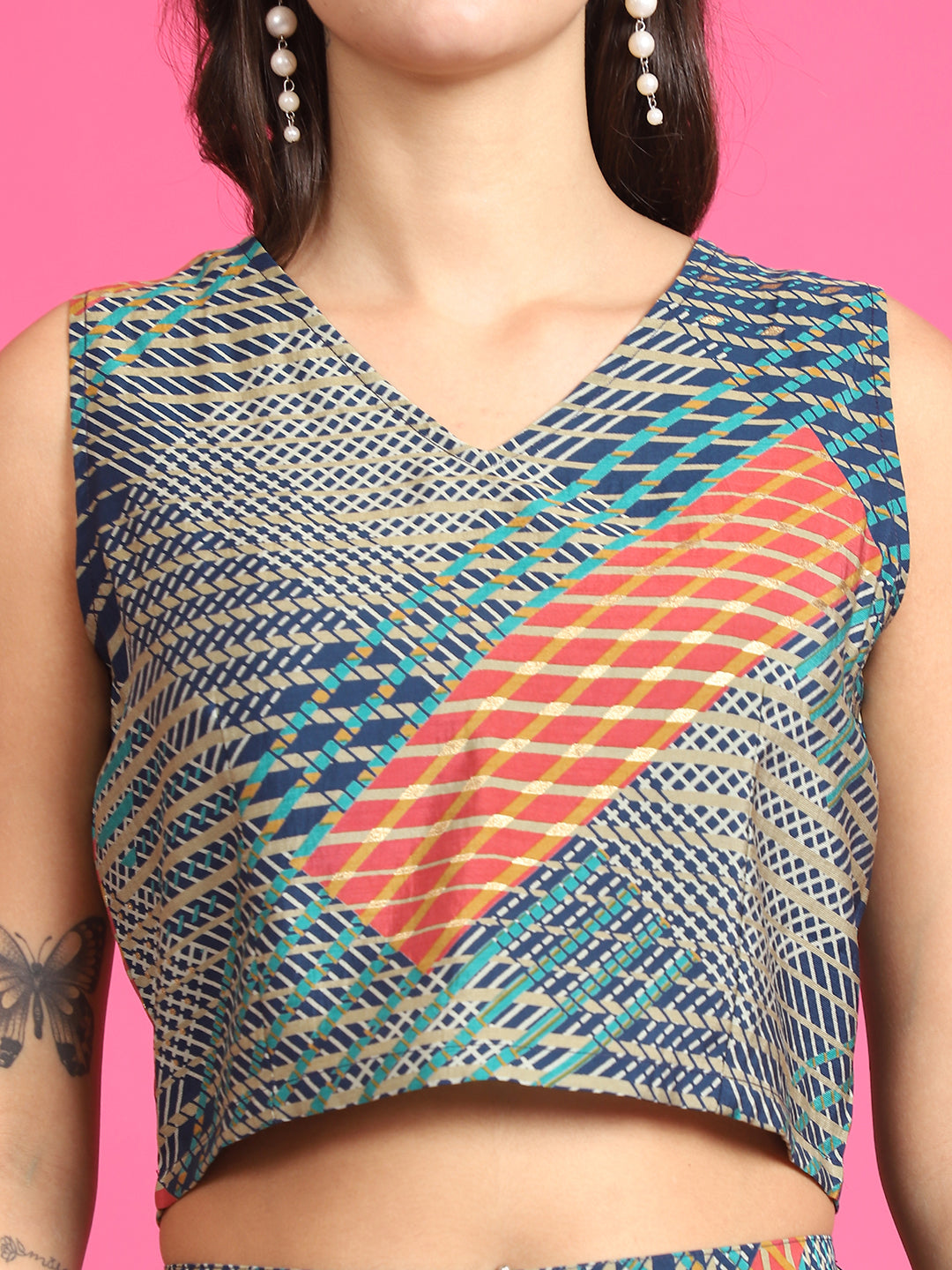 Navy Blue Abstract Printed Chanderi Co-Ord Set for Women | Claura