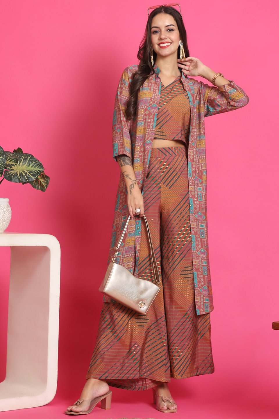 Pink Abstract Printed Chanderi Co-Ord Set for Women | Claura
