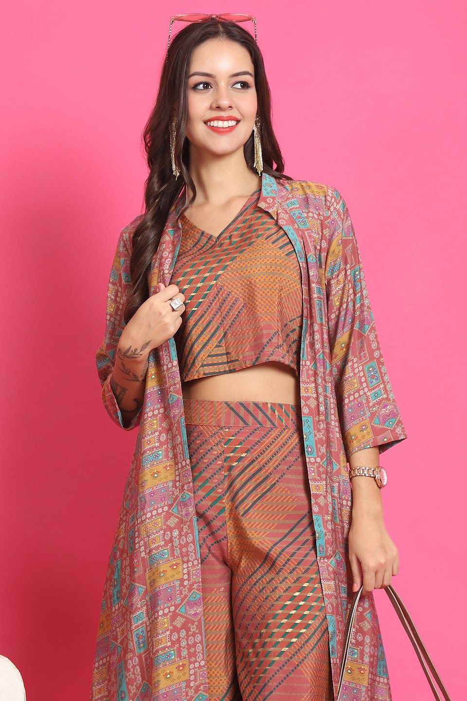 Pink Abstract Printed Chanderi Co-Ord Set for Women | Claura