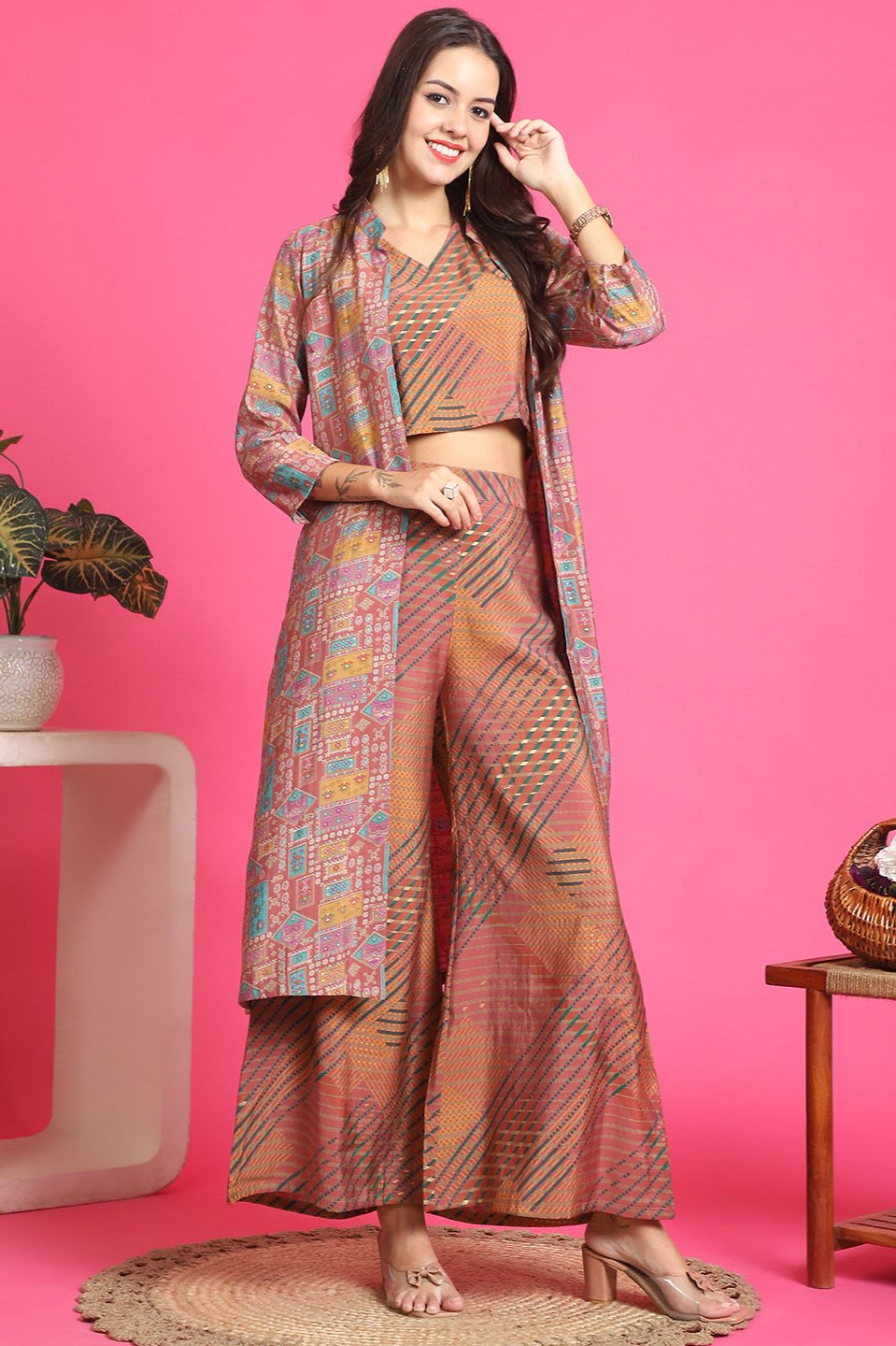 Pink Abstract Printed Chanderi Co-Ord Set for Women | Claura