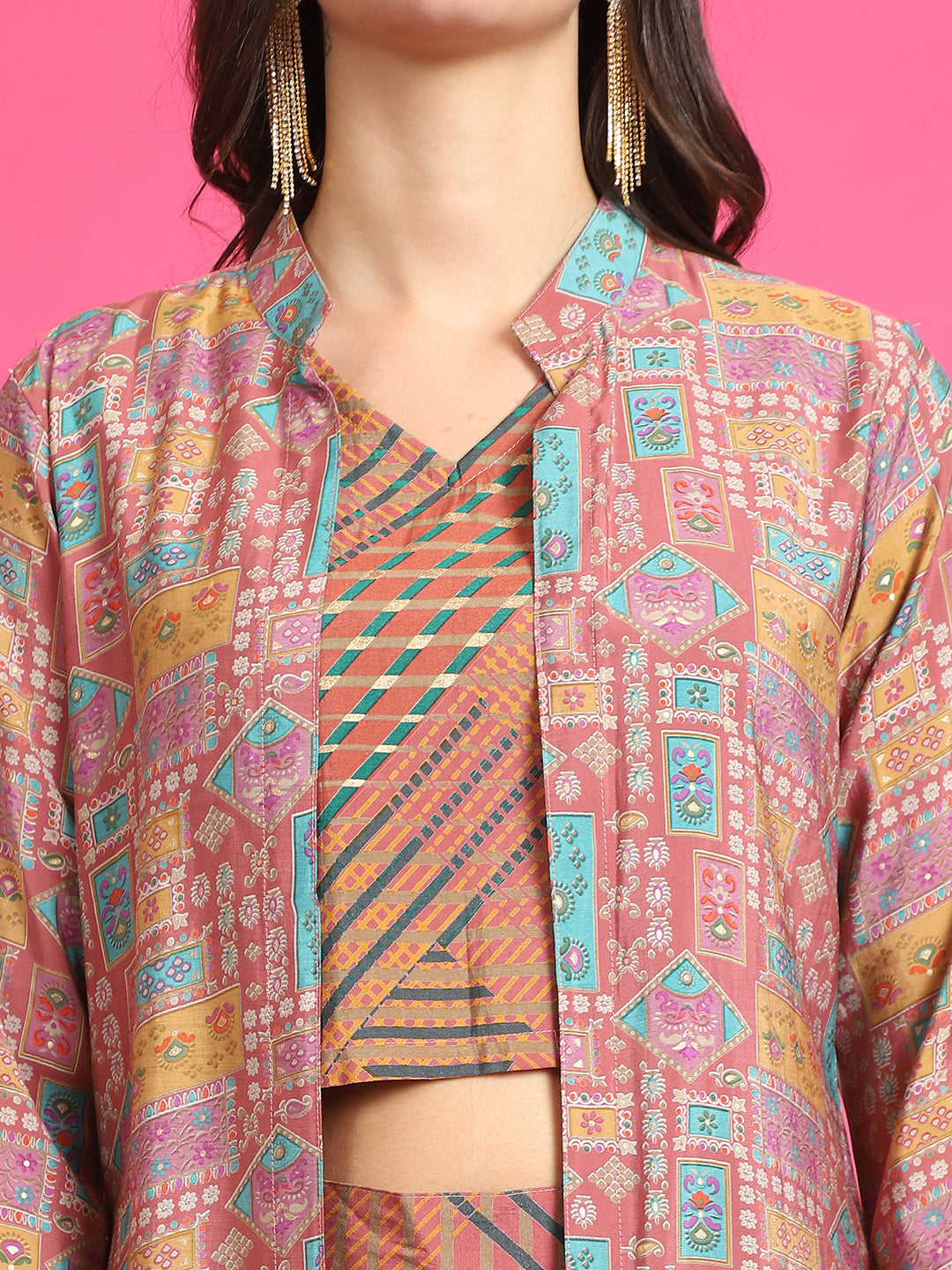 Pink Abstract Printed Chanderi Co-Ord Set for Women | Claura