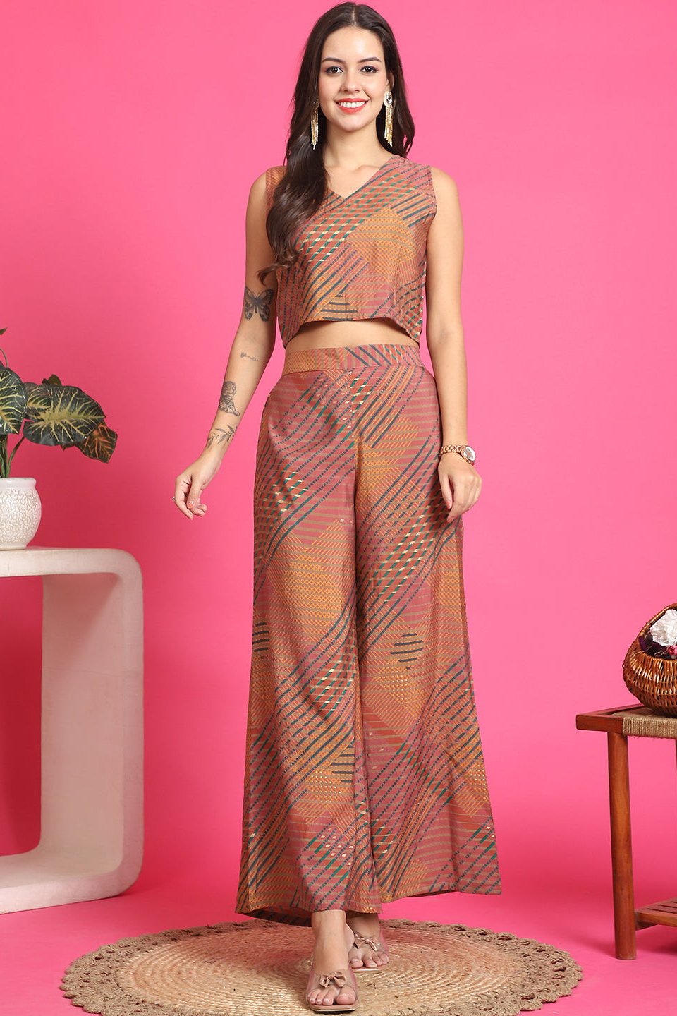 Pink Abstract Printed Chanderi Co-Ord Set for Women | Claura