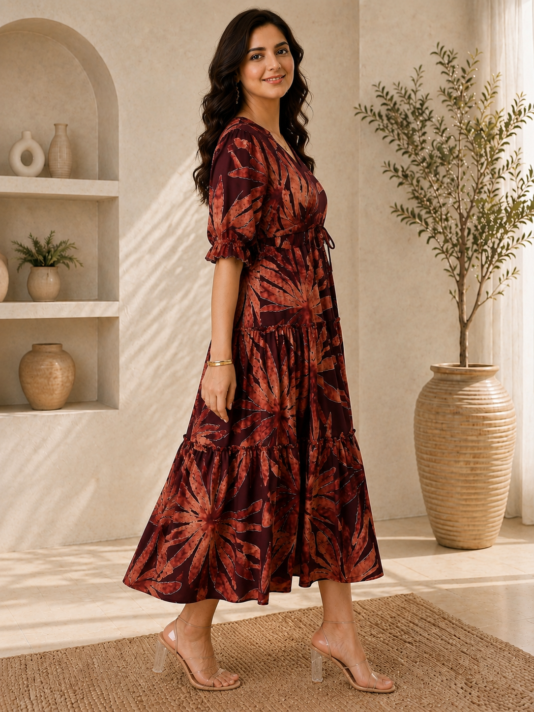 Purple Floral Printed Premium Chanderi Dress for Women | Claura