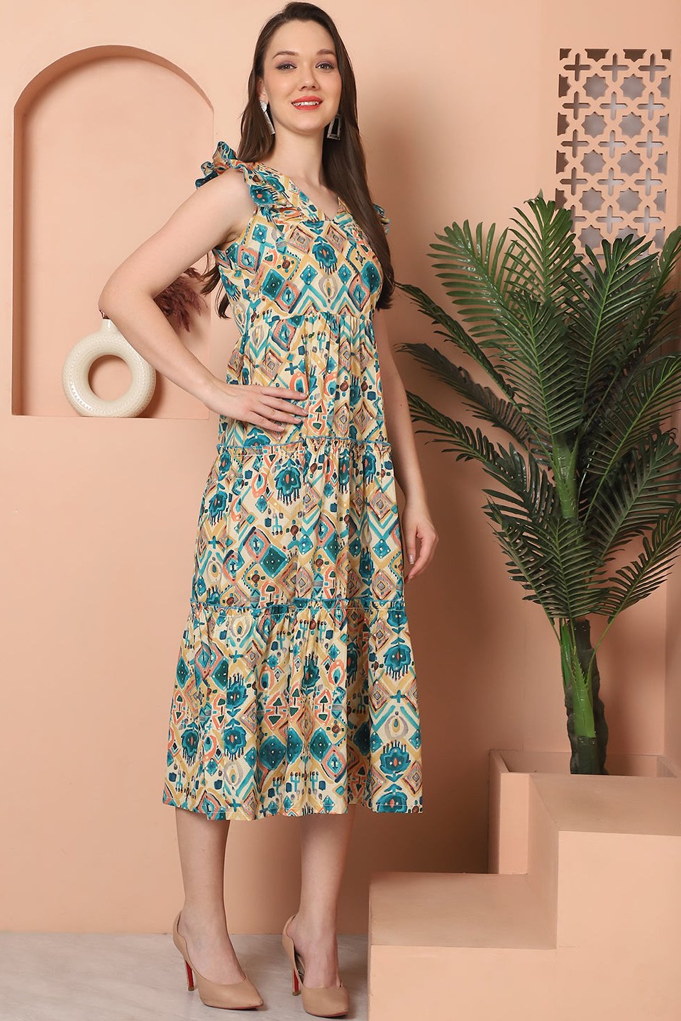 Close-up of rayon fabric on blue floral Dresses for Women