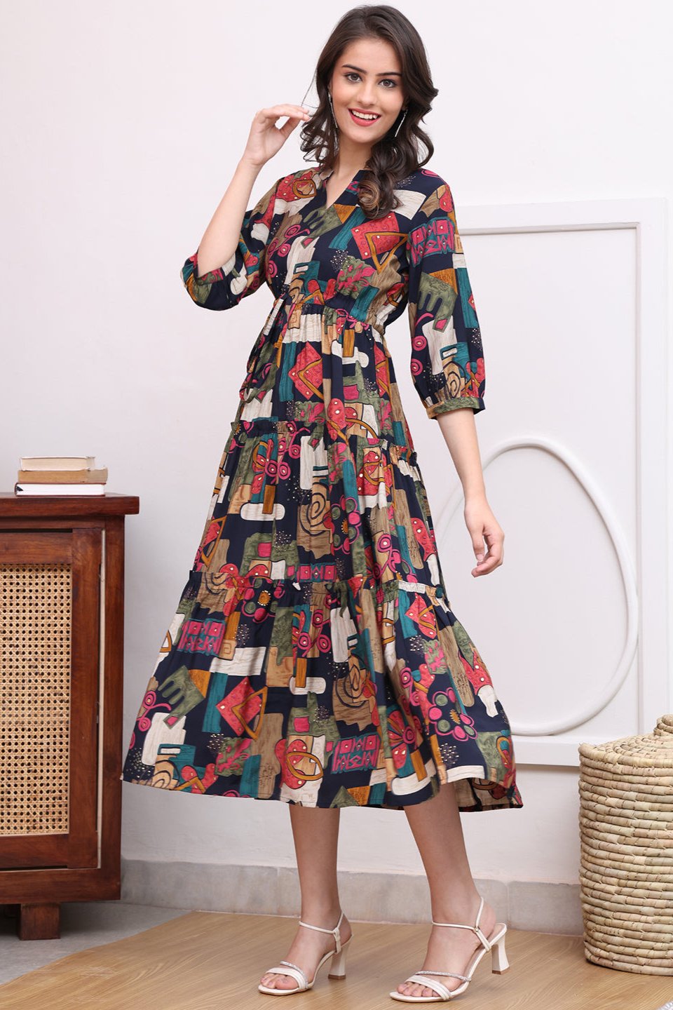Black Color Abstract Printed Ethnic Chanderi Premium Dress For Women