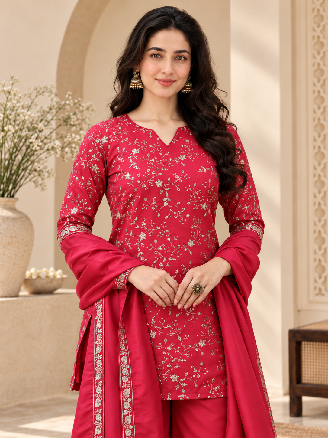 Pink Zari Floral Embroidered Silk Blend Kurta Set with Sharara & Dupatta | Claura