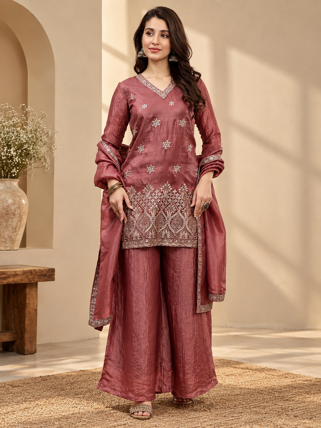 Burgundy Bloom Embroidered Silk Suit Set with Dupatta | Claura