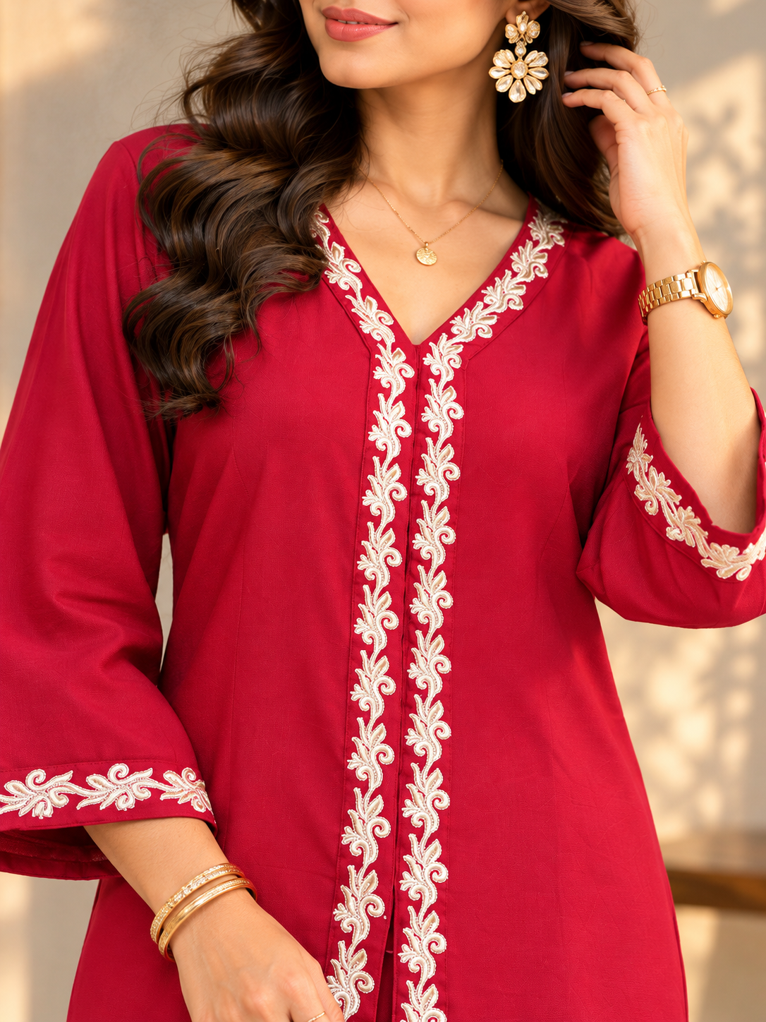 Red Crimson Floral Embroidered Tunic & Palazzo Set | Claura