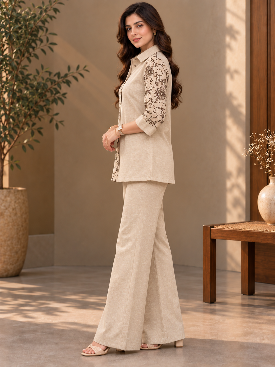 Cream & Brown Floral Embroidered Linen Tunic with Straight-Leg Palazzo Set