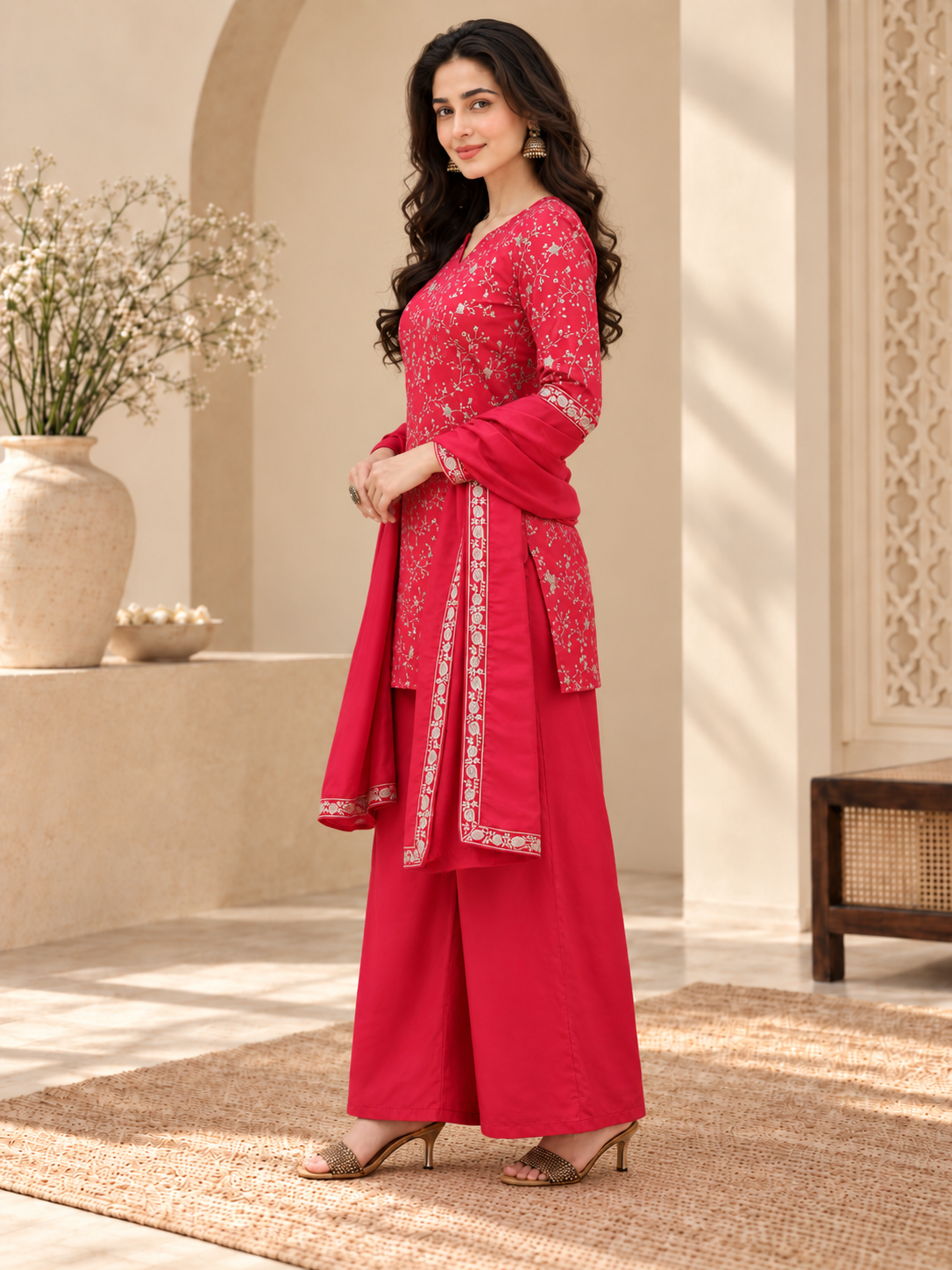 Pink Zari Floral Embroidered Silk Blend Kurta Set with Sharara & Dupatta | Claura