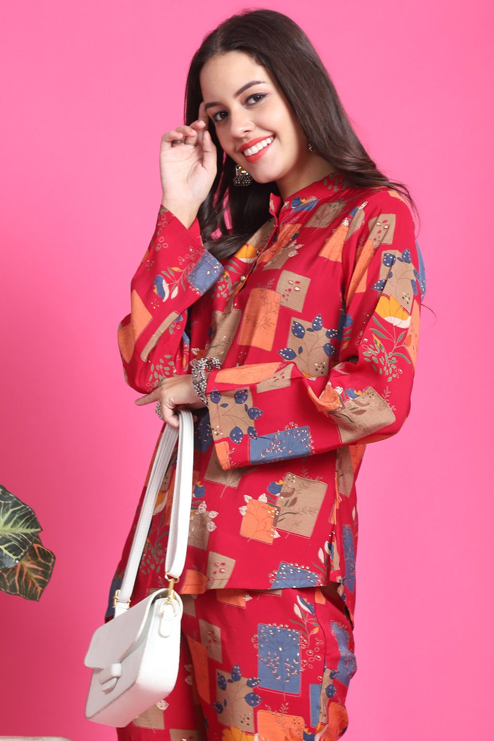 Close-up of Chanderi Silk fabric on Magenta Co-Ord Set