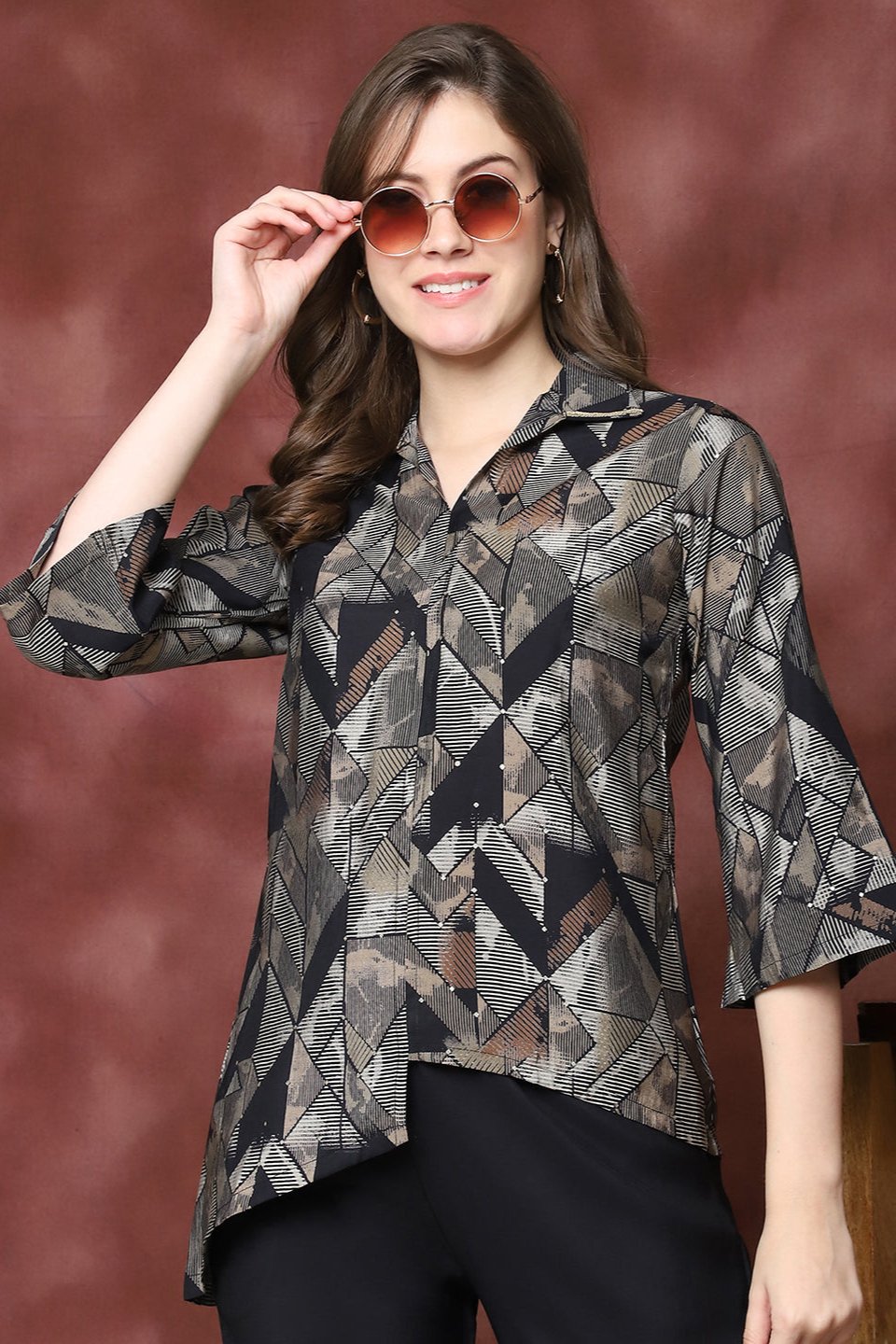 Lifestyle shot of Abstract Print Shirt-Style Co-Ord Set