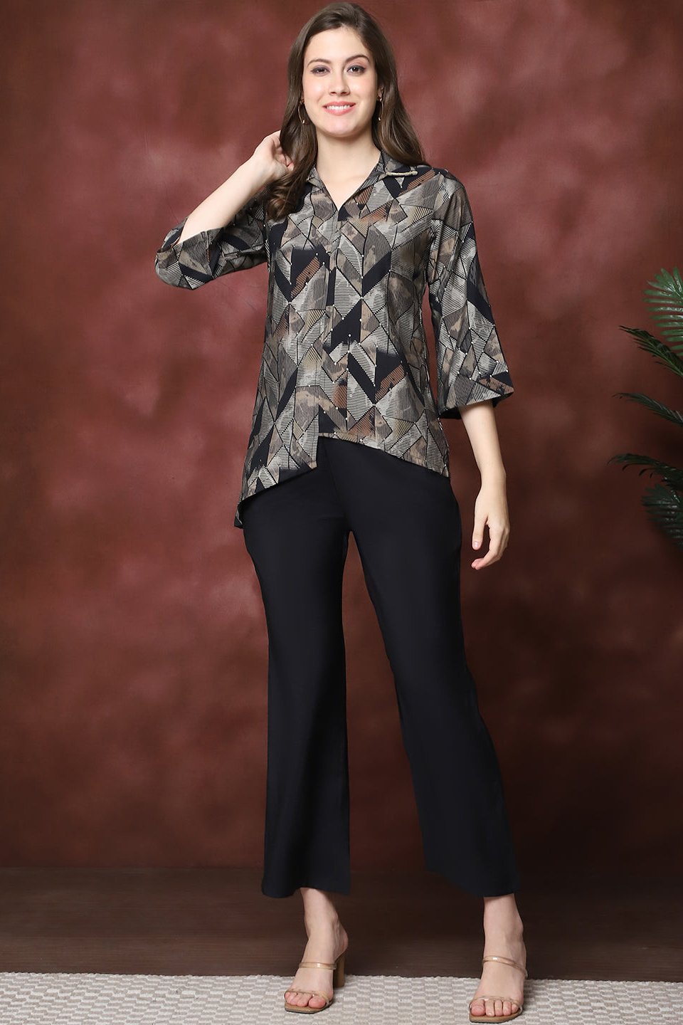 Black Co-Ord Set with Wide-leg Trousers & Shirt Collar Tunic
