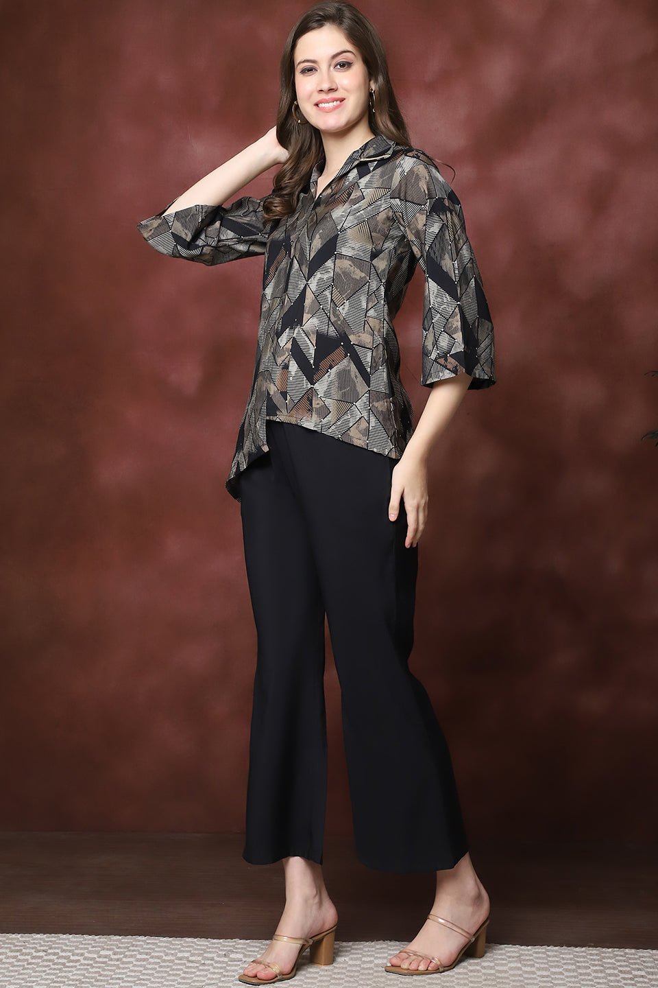 Black Printed Shirt Collar Ethnic Co-Ord Set | Claura