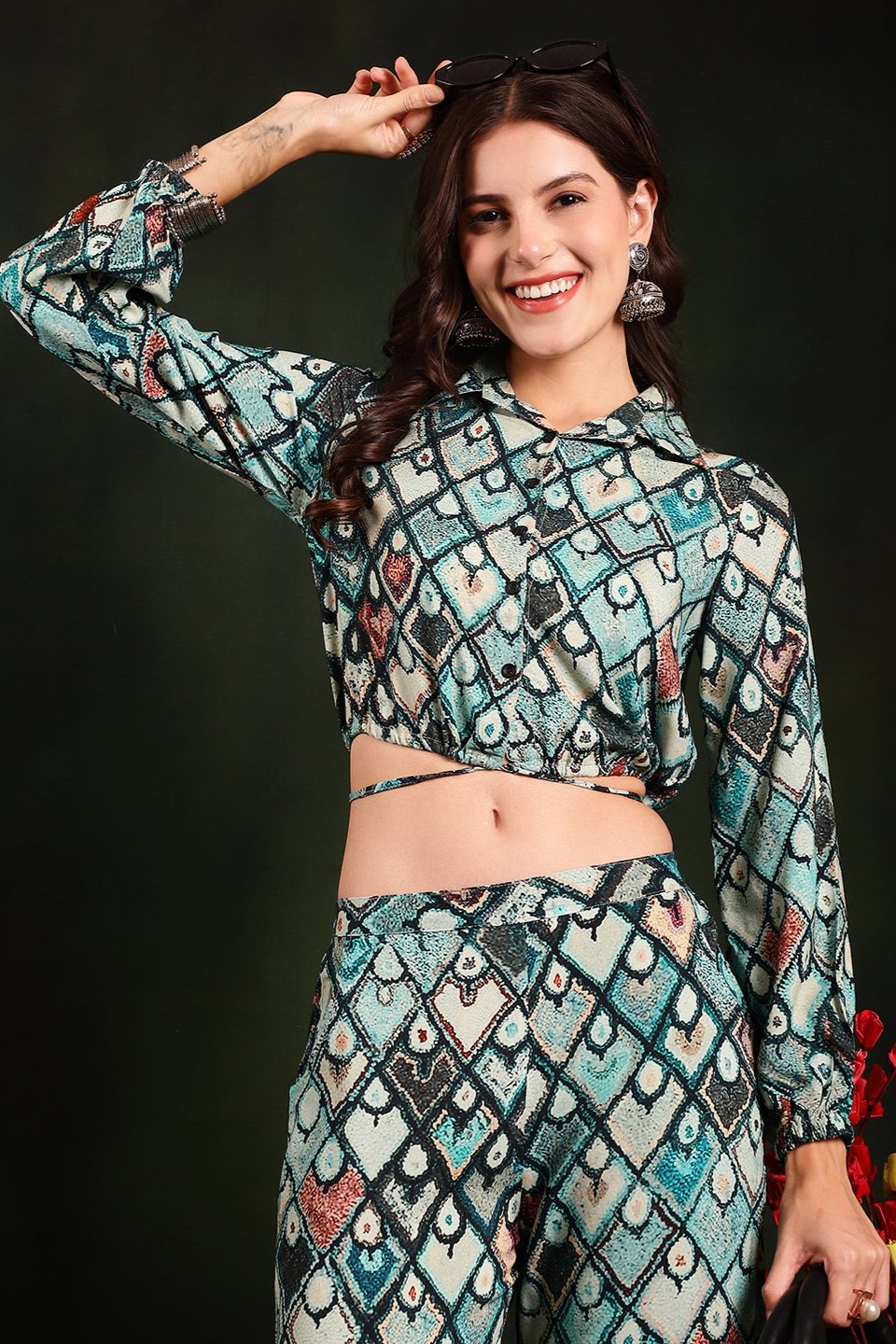 Close-up of viscose rayon fabric on Green Co-Ord Set