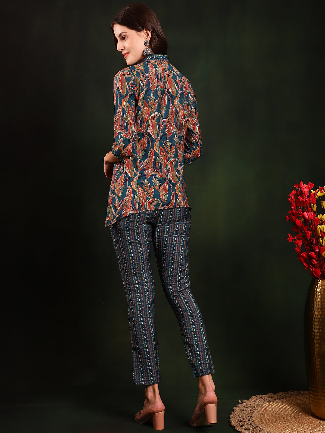 Green Floral Printed Chanderi Silk Tunic with Trousers Co-Ord Set for Women | Claura