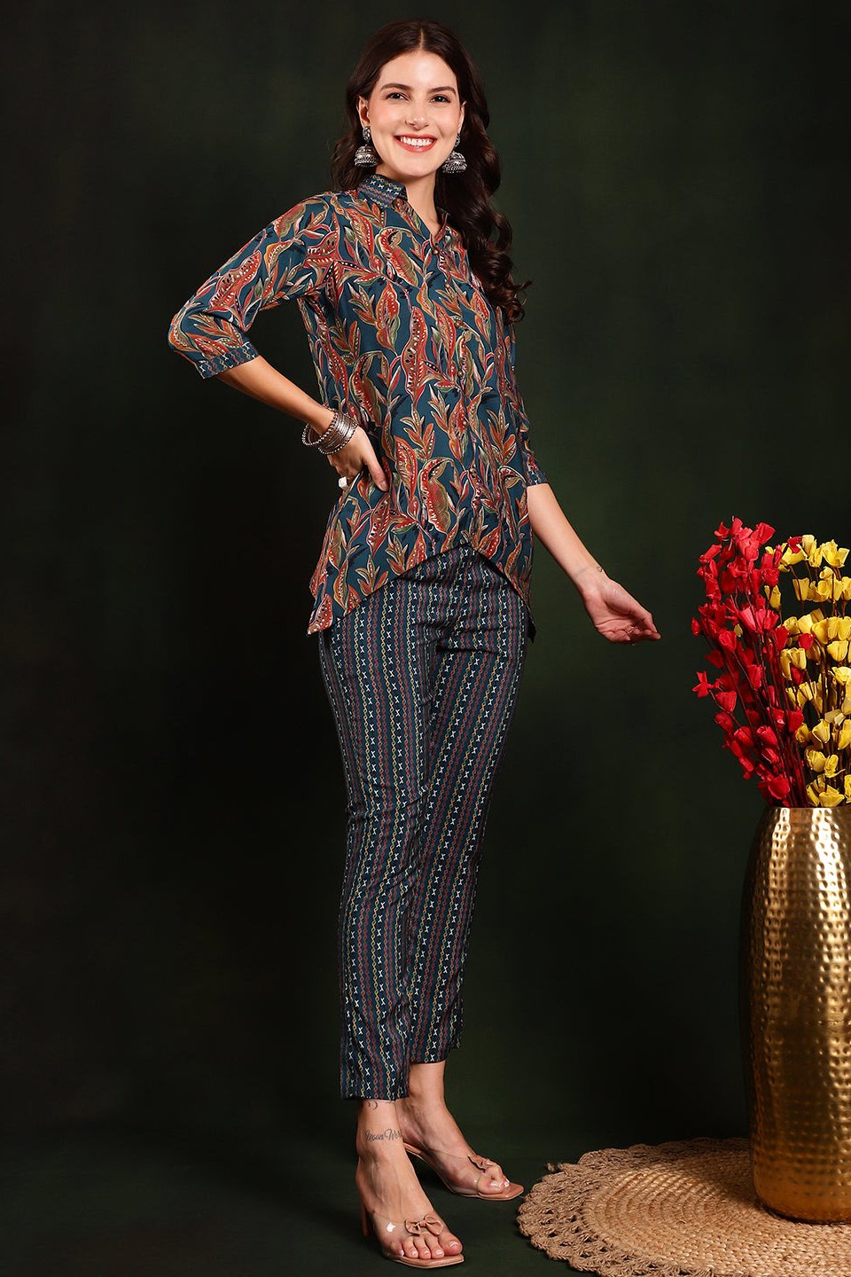 Green Floral Printed Chanderi Silk Tunic with Trousers Co-Ord Set for Women | Claura