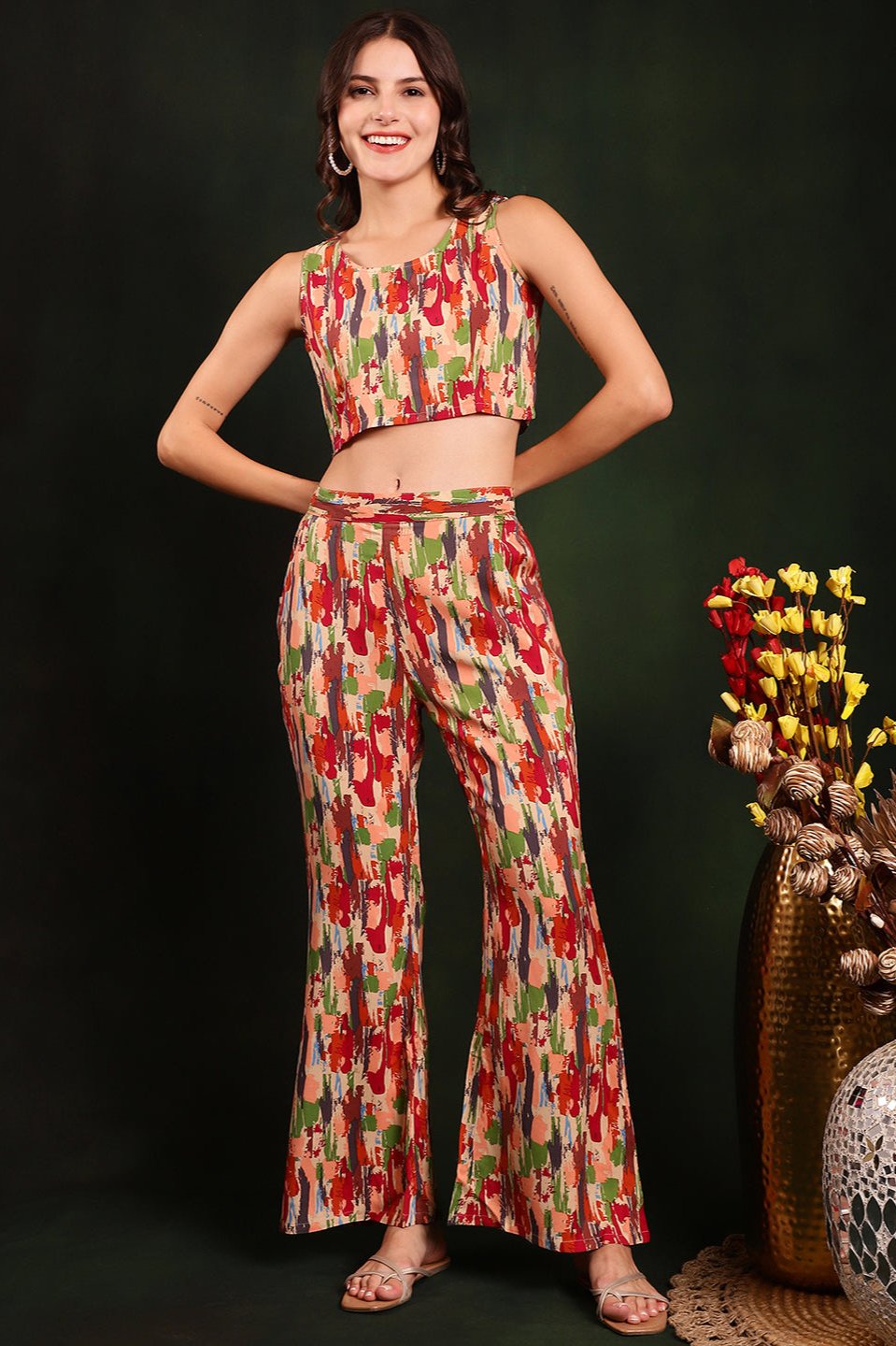 Red Co-Ord Set with Palazzo pants & Sleeveless Top.