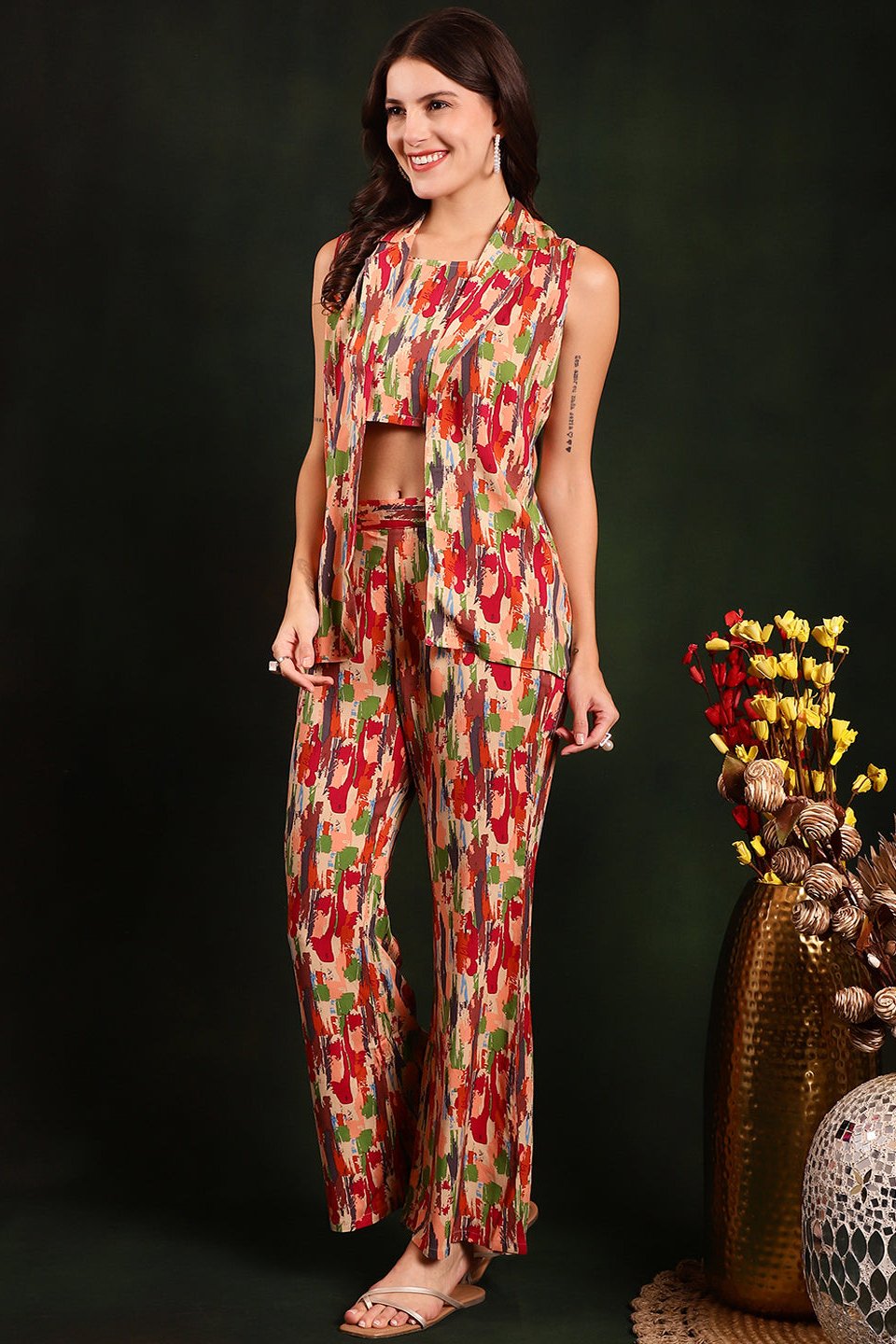 Red Tie-Dye 3-Piece Viscose Rayon Co-Ord Set for Women | Claura