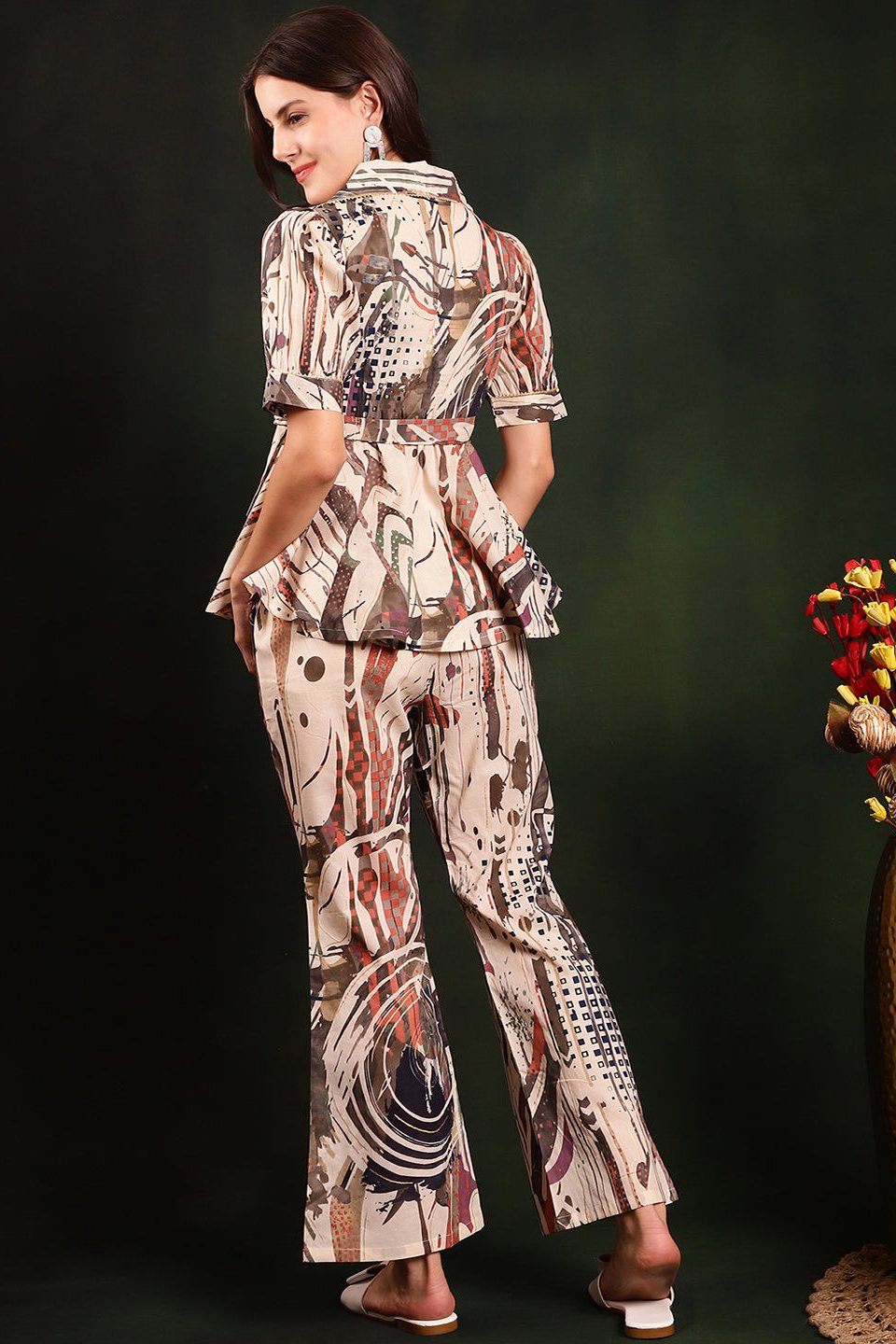 Cream & Brown Printed Cotton Co-Ord Set for Women | Claura