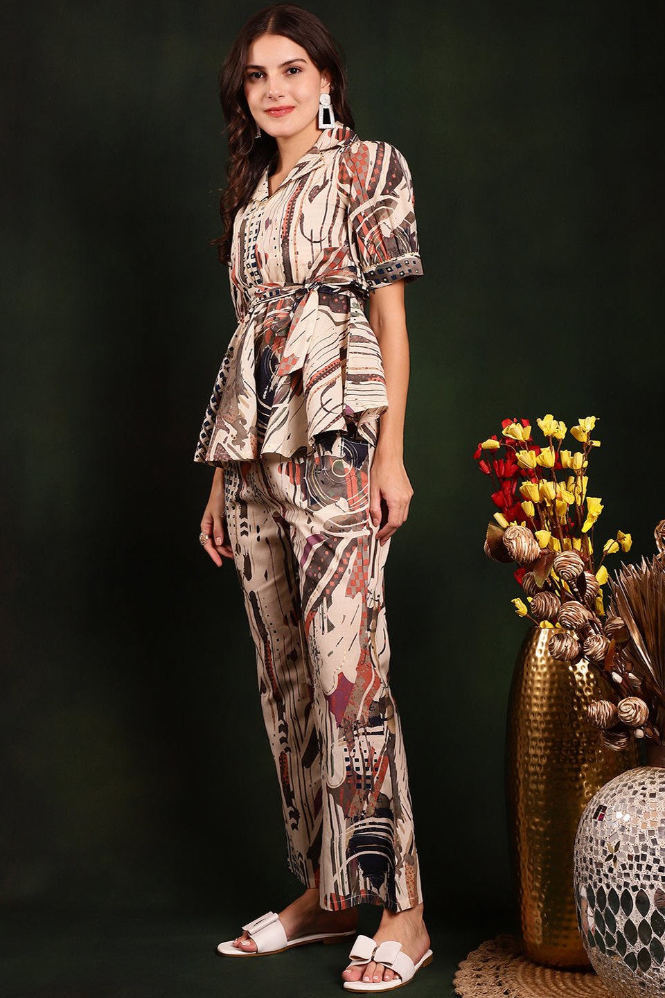 Cream & Brown Printed Cotton Co-Ord Set for Women | Claura