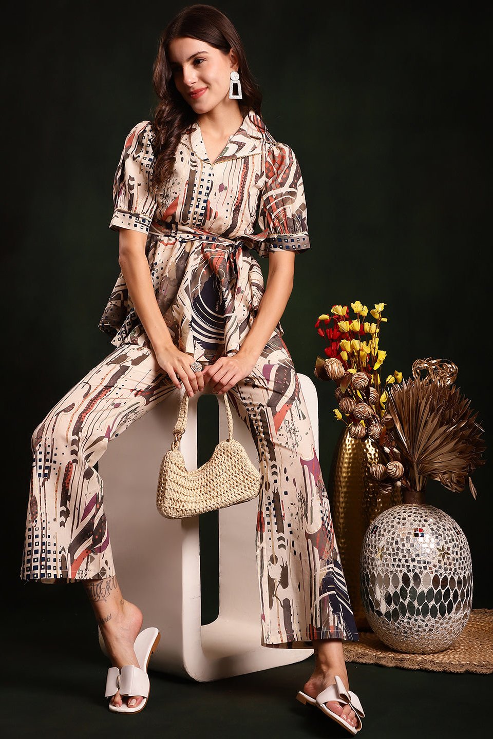 Cream & Brown Printed Cotton Co-Ord Set for Women | Claura
