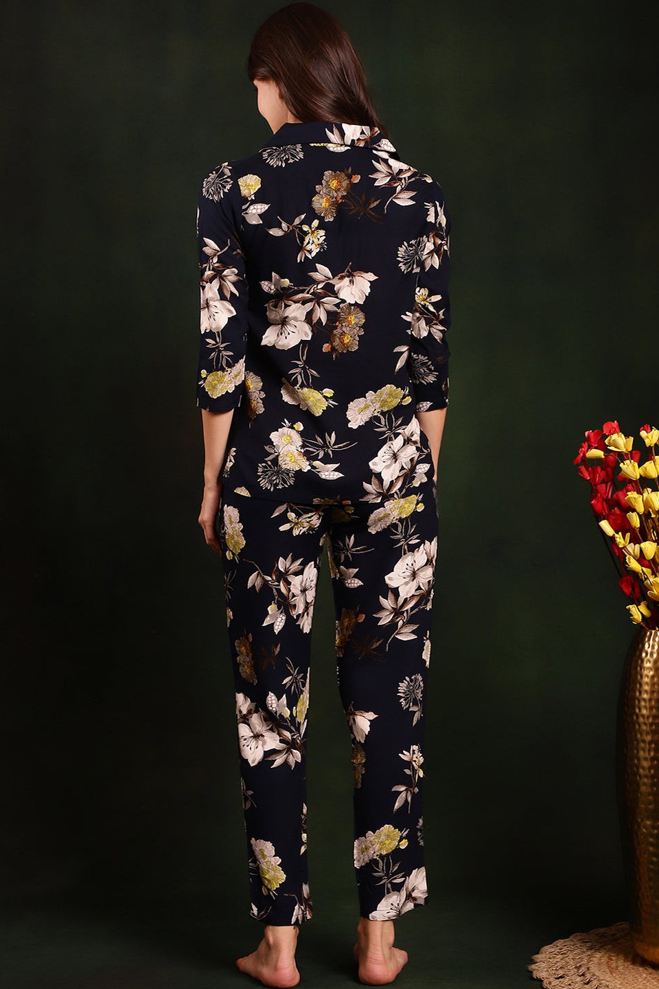 Navy Blue Floral Printed Cotton Night Suit for Women by Claura