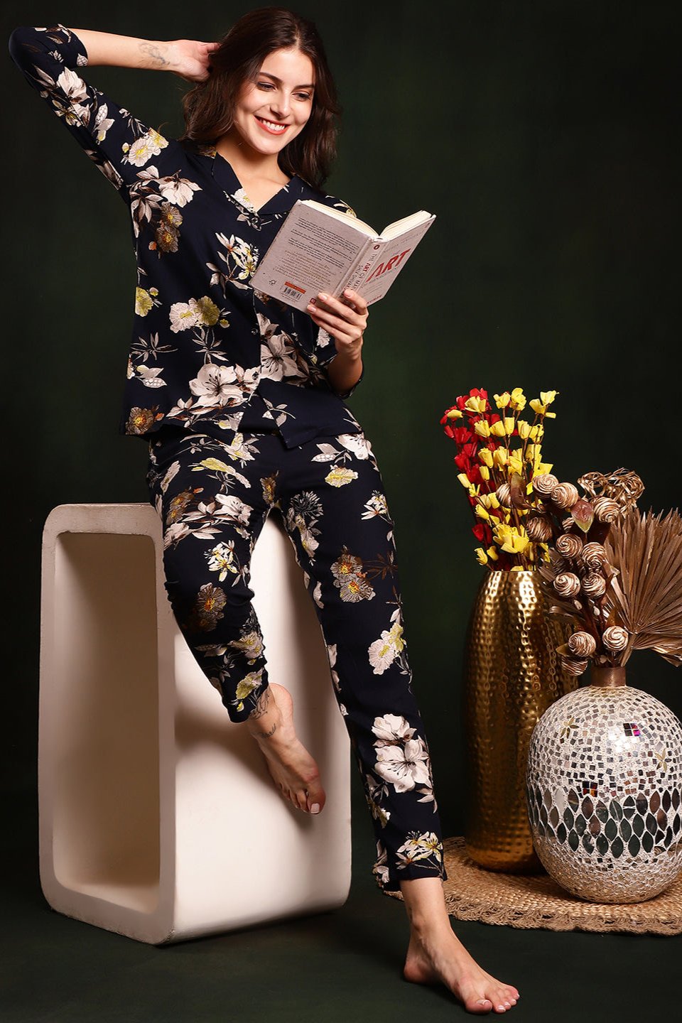 Navy Blue Floral Printed Cotton Night Suit for Women by Claura