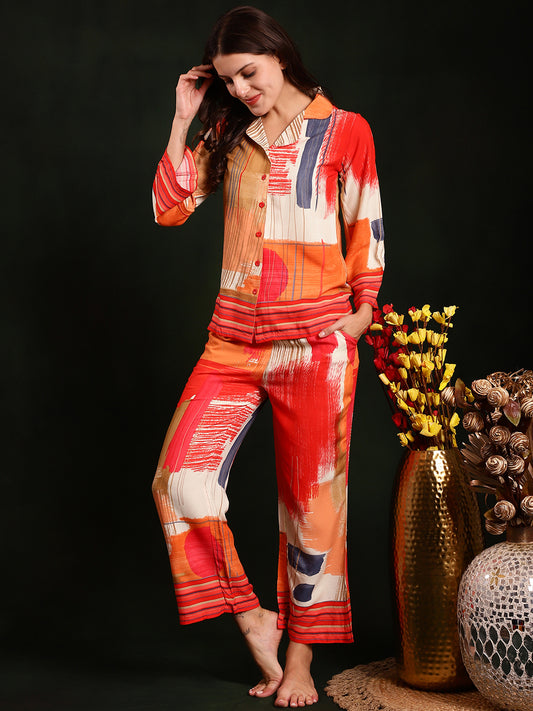 Red Color Abstract  Printed Viscose Rayon Nightsuit For Women