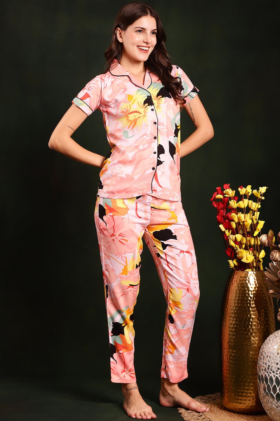 Multi-Color Floral Printed Pure Cotton Night Suit for Women by Claura
