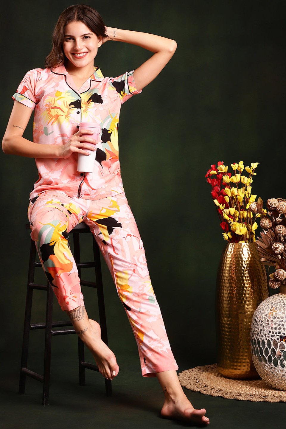 Multi-Color Floral Printed Pure Cotton Night Suit for Women by Claura