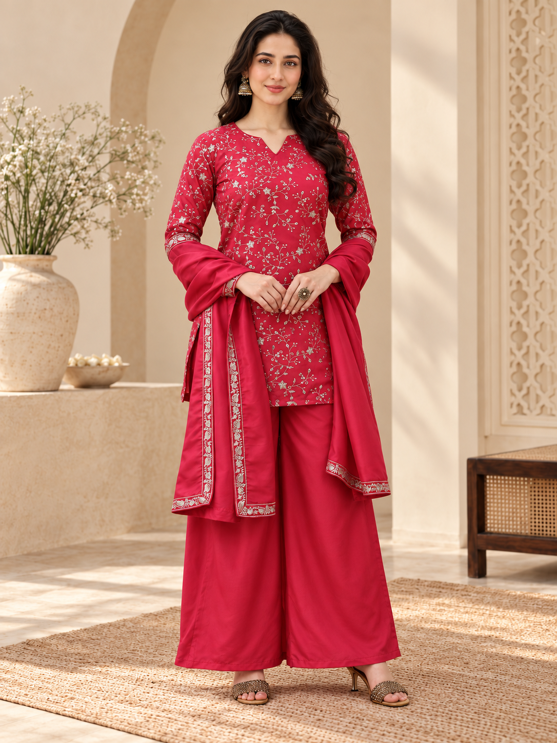 Pink Zari Floral Embroidered Silk Blend Kurta Set with Sharara & Dupatta | Claura